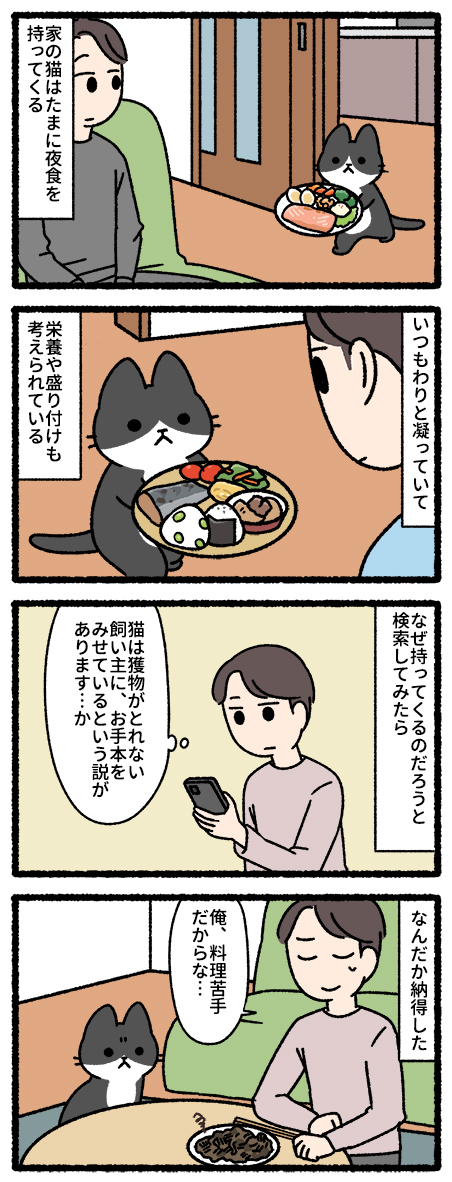 夜食を持ってくる猫 