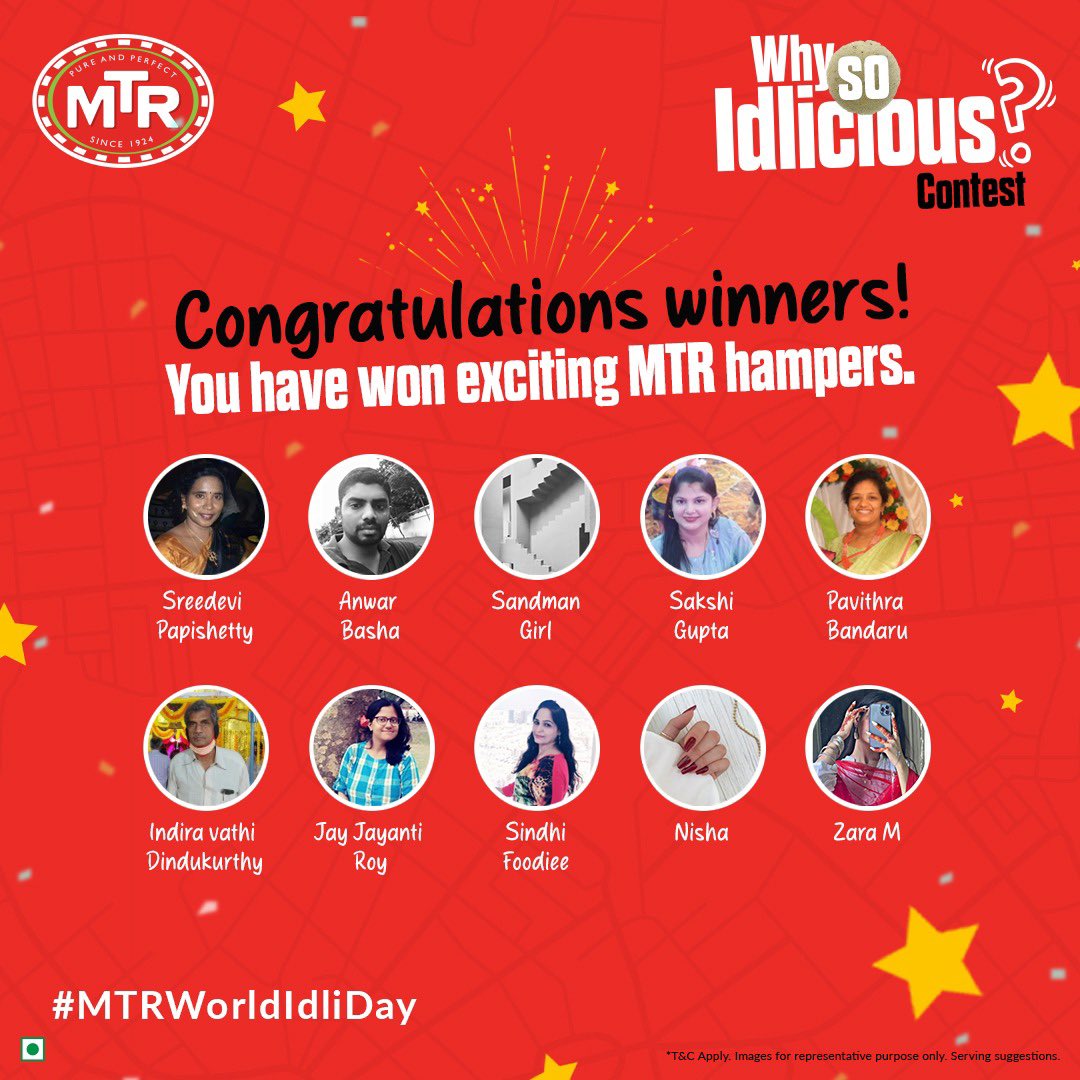 Congratulations to all our lucky winners of the ‘Why So Idlicious?’ Contest! You have won exciting hampers from MTR. Keep celebrating delightful moments with the idliciousness of MTR! #contestwinners #mtr #worldidlidaycontest #idlicious