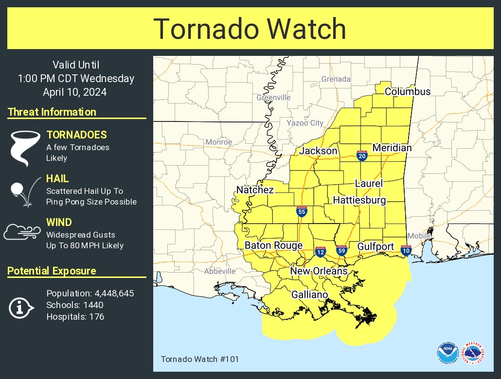 A tornado watch has been issued for parts of Louisiana and Mississippi until 1 PM CDT