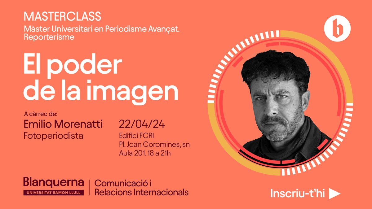 📸 No te pierdas la masterclass del <a href="/MAReporterisme/">Màster en Periodisme Avançat - Reporterisme</a> "El poder de la #imagen", con <a href="/EmilioMorenatti/">Emilio Morenatti</a>, el próximo 22 de abril a las 18h en el Aula 201. La entrada es gratuita para alumni y la comunidad Blanquerna. Regístrate ahora en el siguiente enlace:

sigma.blq.url.edu/cosmos/Control…