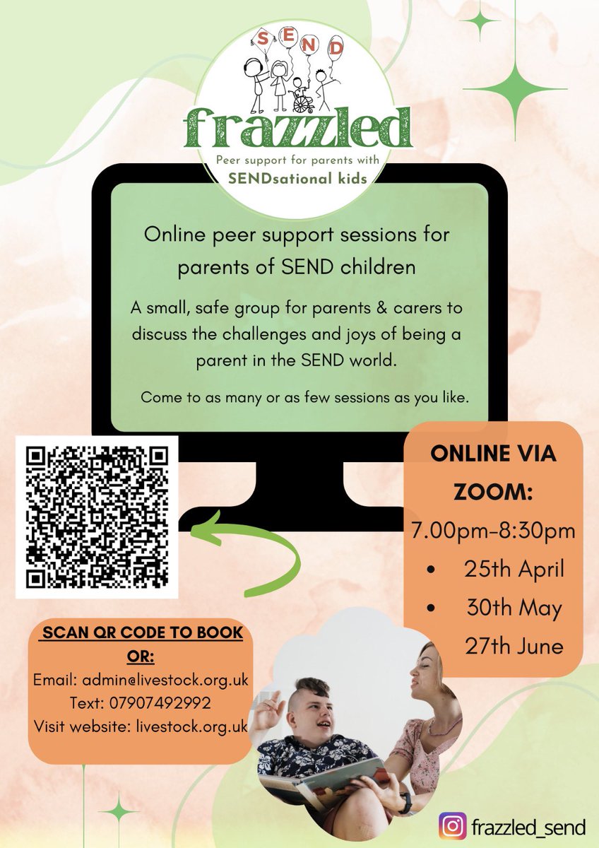 We’re really pleased to be running 3 more peer-led sessions for #SEND parents, led by #SEND parents. These are online so you can be based anywhere. 
Sign up by emailing admin@livestock.org.uk or filling in details here
tinyurl.com/9zmm8xbf