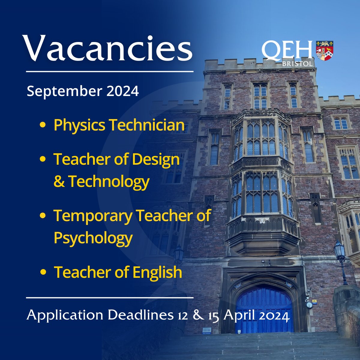 🌟 Join Our Team! 🌟 We're recruiting for multiple exciting positions here at QEH School. To learn more: qehbristol.co.uk/about/vacancie… #BristolJobs #TeacherJobs #Careers #QEHVacancies