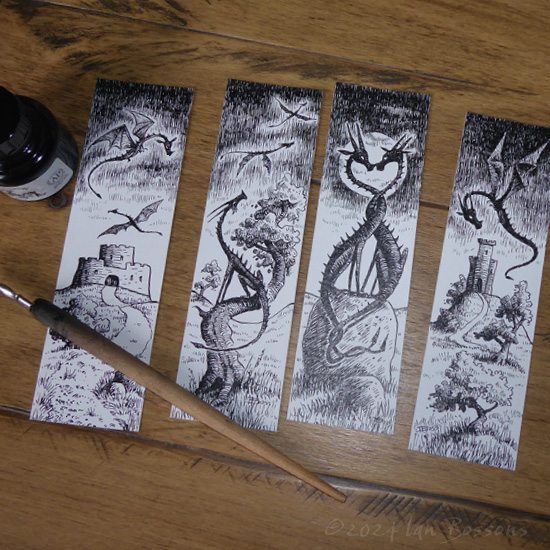 These are the 4 bookmarks that I did for this year’s #bookmarkproject, run by @slhattersley, in aid of the Katiyo Primary School in Zimbabwe. If you also want to contribute a bookmark, there’s only a few weeks left to do so (deadline end of April 2024).
