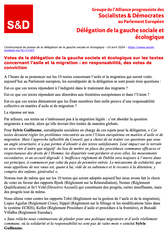 Votes de la délégation de la gauche sociale et écologique sur les textes concernant l’#asile et la #migration : en responsabilité, des votes de conviction En savoir plus : social-ecologie.eu/votes-de-la-de…