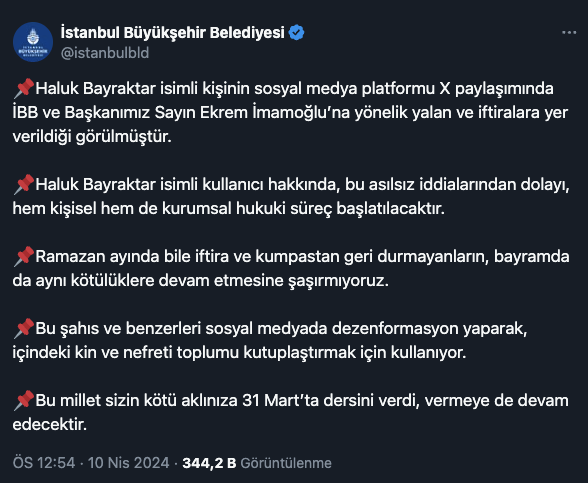 💢 İstanbul Büyükşehir Belediyesi; Baykar CEO'su Haluk Bayraktar'ın çağrısına, iftira paylaşımı yapıp, PKK/DHKPC güzellemeleri ortaya çıkınca hesabını kapatan İBB İPA görevlisi Evren Barış Yavuz hakkında açıklama yapmak yerine, Bayraktar hakkında suç duyurusunda bulunacaklarını…
