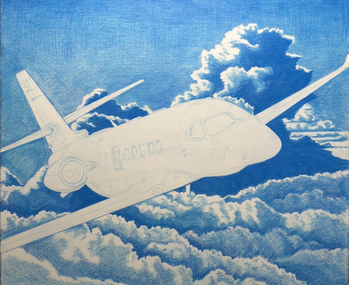 F8号。シアン版1回目進行ちう。これで機種わかったらかなりのマニアw #色鉛筆画 #飛行機画 ＃林亮太 #5色描画