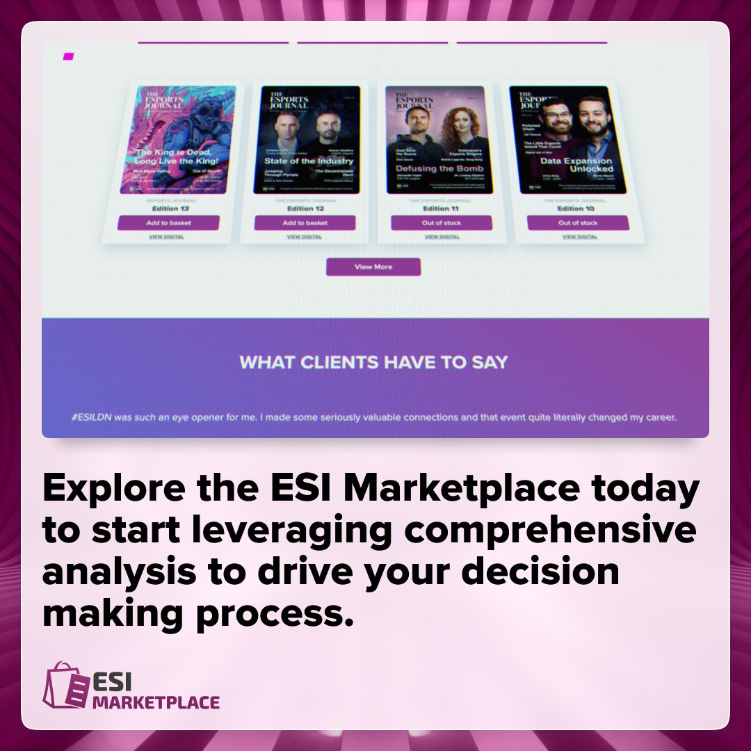 Heard of ESI Marketplace? 🤔 Visit our digital marketplace for esports industry focused reports, products and services such as: 📊 Industry reports from the likes of Shikenso, StreamCharts & more 💡 Partnered whitepapers on hot topics in esports & gaming 📰 ESI’s The…