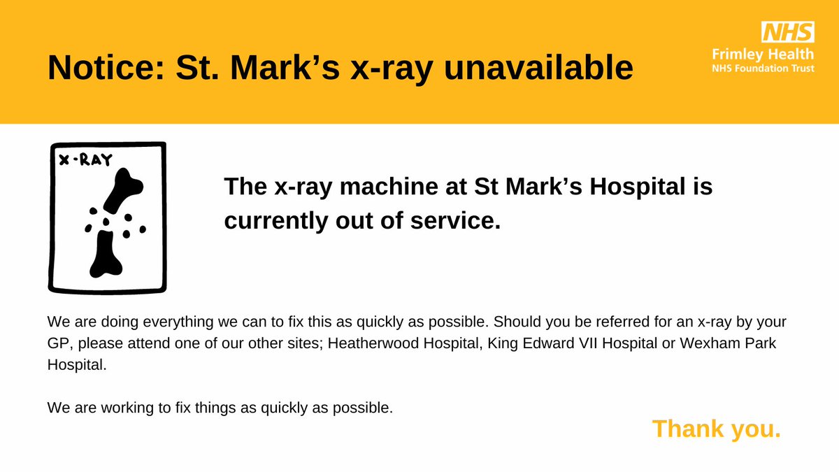 ⚠️ Notice: St Mark's x-ray service is currently unavailable. Should your GP refer you for an x-ray please attend one of our alternative sites. We apologise for any inconvenience caused and will provide an update as soon as possible. ℹ️ For more: fhft.nhs.uk/services/radio…