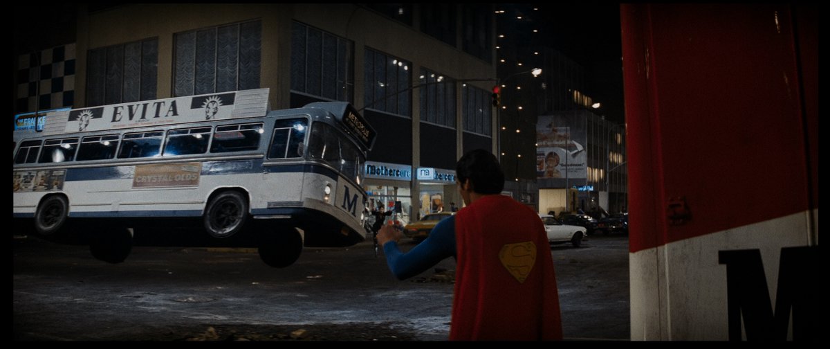 I love this shot since I was a kid. No optical effects just a simple but effective foreground miniature shot of a bus being swung towards camera selling the illusion that a full scale bus is being thrown at Christopher Reeve. #Superman #ChristopherReeve