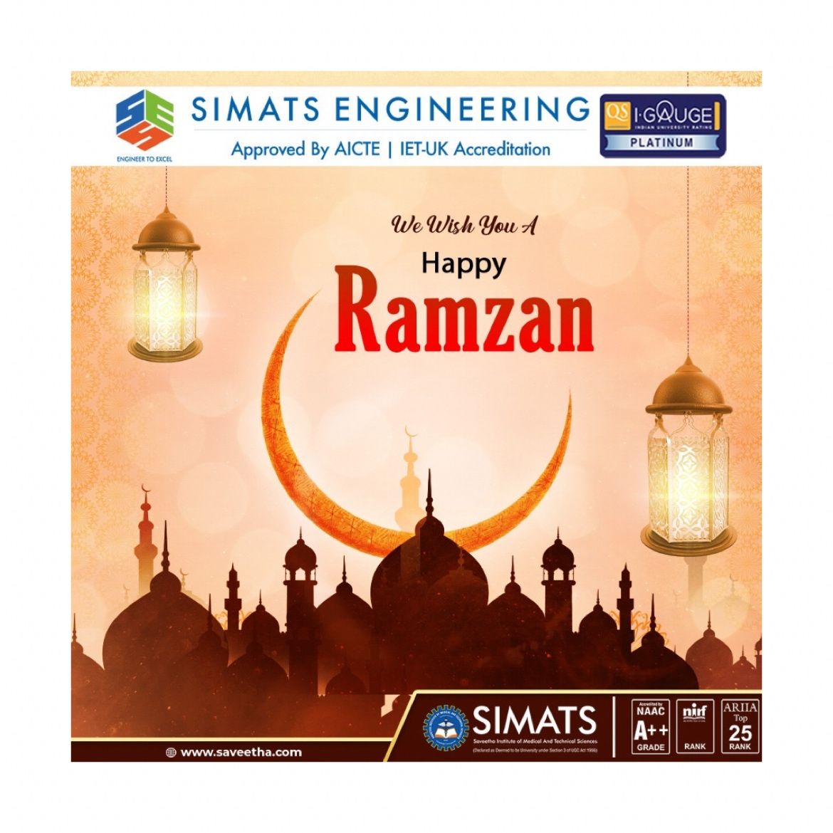 SIMATS family wishing you a Happy Ramzan 2024 to all our faculties, students and staffs.