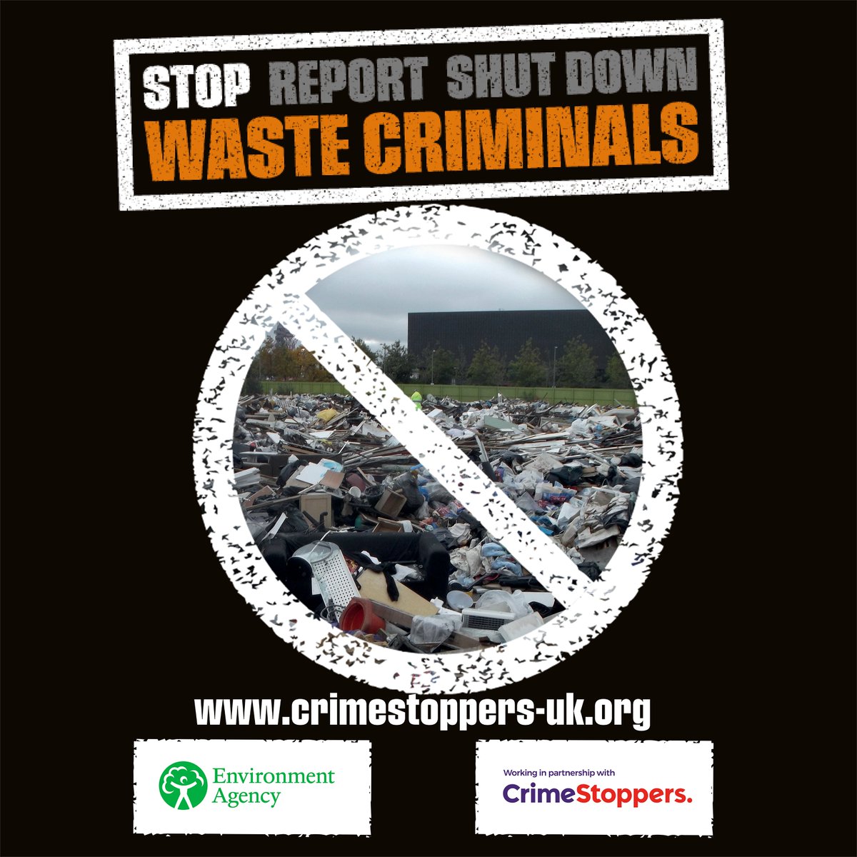 Enough waste is illegally managed every year to fill Wembley Stadium 30 times.   

Let’s work together to stop waste criminals.
 
If you think you see or know about an illegal waste business in your area, report it to <a href="/CrimestoppersUK/">Crimestoppers</a>. 100% Anonymous. Always.
