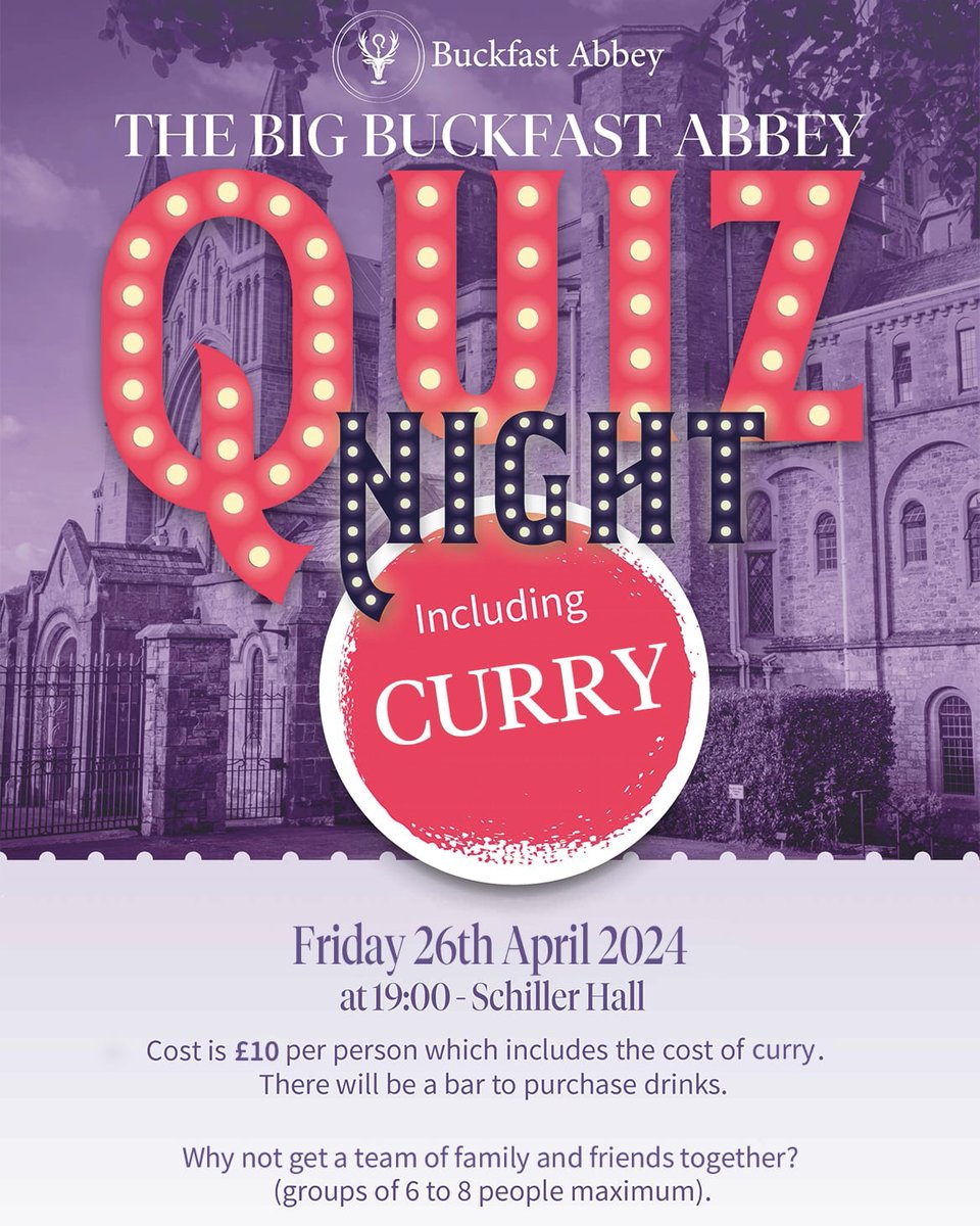 The Big Buckfast Abbey Quiz Night is back Join us for a night of fun, spice, and brain teasers! Friday 26th April ⏲️19:00 hrs At Buckfast Abbey Conference Centre All this fun for just £10 per person which includes curry. Booking essential bit.ly/3vFHmGF #QuizNight