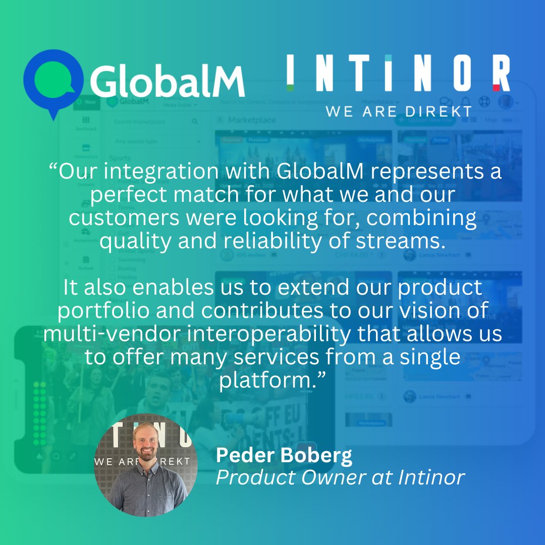 Proud to announce our integration with @INTINOR_ for #mobilestreaming! A leap in #broadcasting, ensuring news is delivered swiftly with integrity. 🔗 Add #GlobalM to your #NABShow plan: bit.ly/3Uem6Bn #Mojo #MediaTech @NABShow