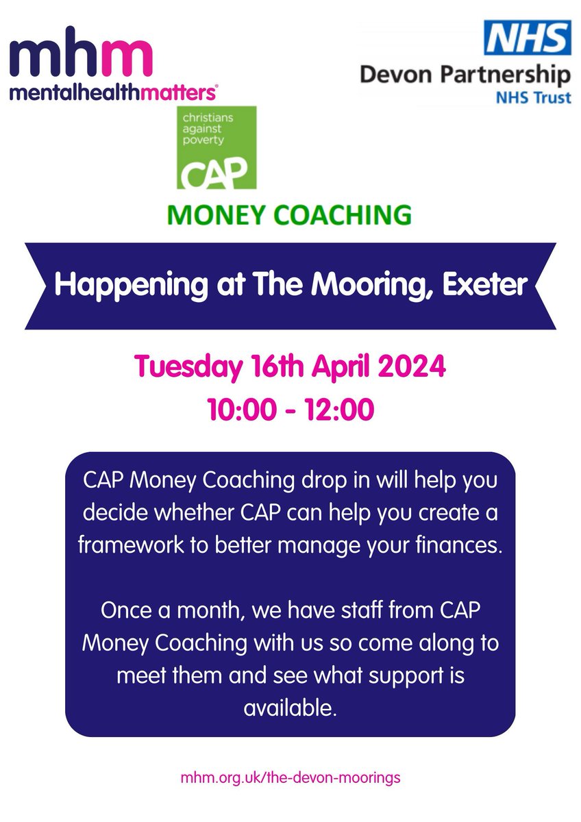 Money coaching at The Mooring - 16 April. FREE! #money #debt #coaching