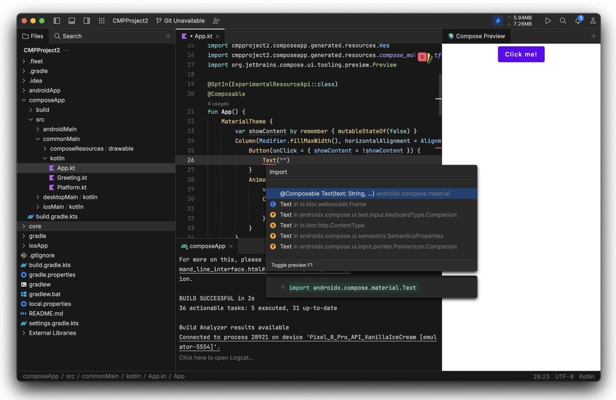 🎉 Fleet 1.33 brings several enhancements for a better KMP development experience.
The highlights of this version are:

✅ Improved autocomplete ordering for ‘Composable’ functions.
✅ Enhanced Compose resource notifications.
✅ Fixed cross-language support in Amper projects.
✅