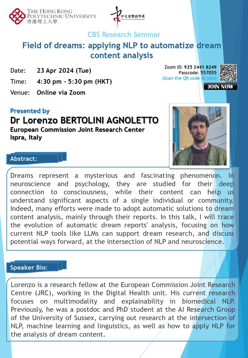 Emmanuele Chersoni (@emmanuelechers1) on Twitter photo Next CBS Research Seminar! Join us on Zoom!
Tue, Apr 23, 4:30 PM Hong Kong time
Online via Zoom
Speaker: <a href="/LorenzoScottB/">Lorenzo Bertolini</a>
Title: Field of dreams: applying NLP to automatize dream content analysis Next CBS Research Seminar! Join us on Zoom!
Tue, Apr 23, 4:30 PM Hong Kong time
Online via Zoom
Speaker: <a href="/LorenzoScottB/">Lorenzo Bertolini</a>
Title: Field of dreams: applying NLP to automatize dream content analysis