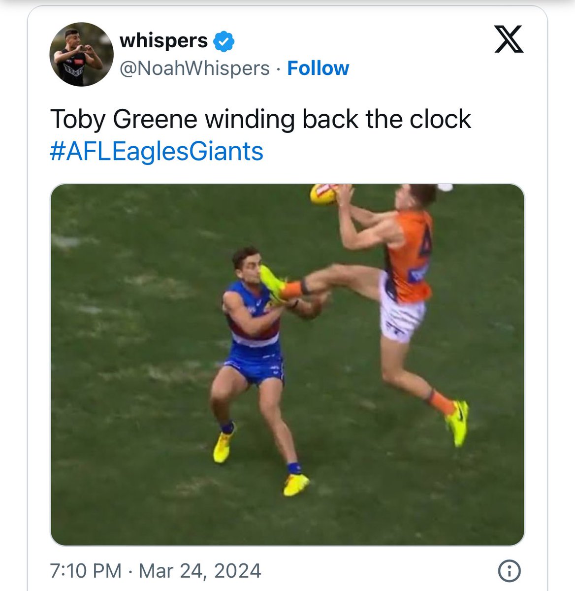 How on earth has Toby Greene escaped sanction the last couple of weeks He’s genuinely cleaned up his act but the “arms pinned - sling - opponents head into the ground” just has to be a week (ask Luke Parker last yr v Blues) & the karate kick a couple of rounds back … Bizarre