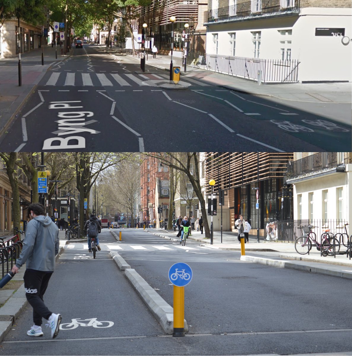 London 🇬🇧 street with 2 🚗 lanes and 1 narrow bidirectional 🚲 lane ➡️ Transforms into a street with 1 🚗 lane and 2 wide unidirectional 🚲 lanes