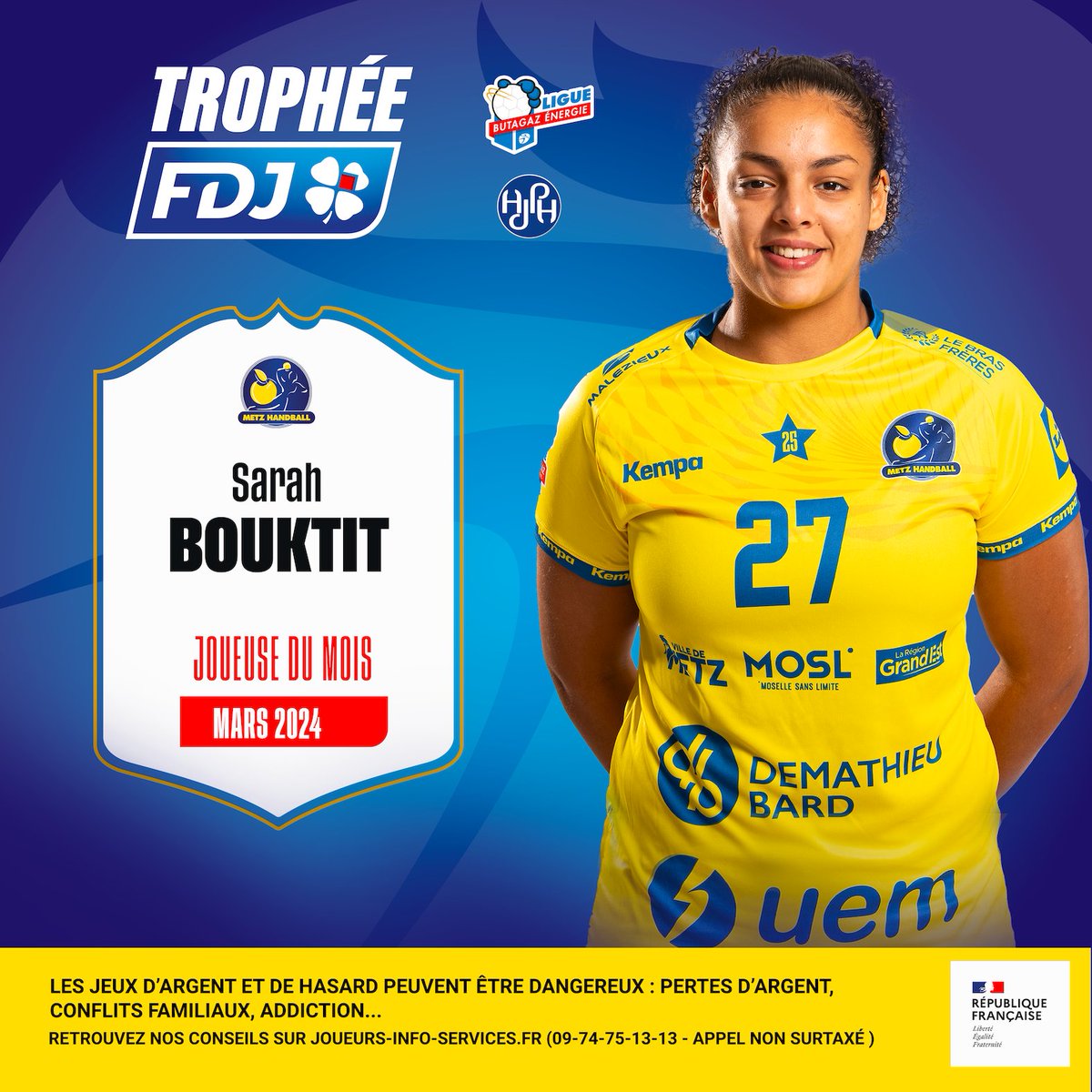 🏆 Félicitations à notre Dragonne @sarah_bouktit qui remporte le Trophée FDJ de la meilleure joueuse du mois de mars, après celui de septembre en @LFH_Officiel 👏