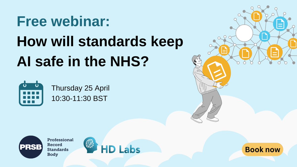 Interested in #ArtifcialIntelligence in health and care? Find out how standards ensure safe AI across three vital areas: #interoperability, ethics, and people. Join our webinar with HD Labs on 25 April, ⏲️at 10:30am: hubs.li/Q02snry60 #digitalhealth #healthtech @HDLabs5