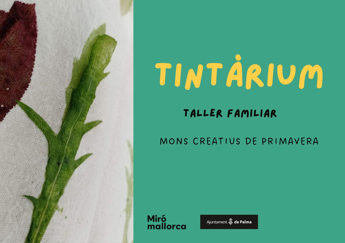 Tornen els Mons Creatius de Primavera🌸

🎨Nou taller familiar: Tintàrium🎨

🌷 Per a famílies amb nines i nins d’entre 3 i 12 anys.
🌻Crearem una magnífica obra tèxtil mitjançant la tècnica d’estampació japonesa tataki zome 

Més info i preinscripcions: miromallorca.com/es/activity/ti…