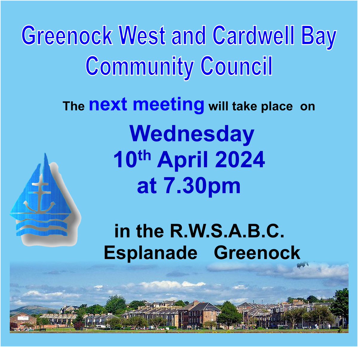 Join us this evening Wednesday 10th April at 19:30 for the Greenock West and Cardwell Bay Community Council public meeting in Royal West of Scotland Amateur Boat Club on Esplanade Greenock. #HaveYourSay #Inverclyde #Greenock #Gourock