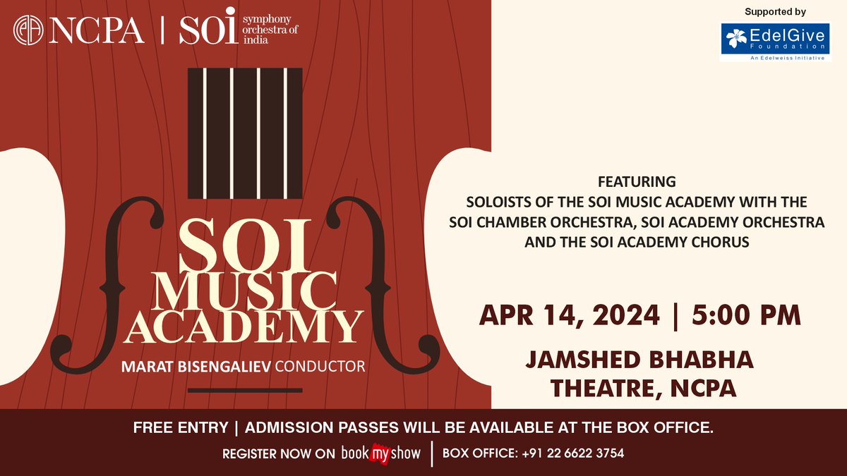 The SOI Music Academy’s annual concert is upon us! 💫 *Free entry* Register now on go.ncpamumbai.com/Ib6TuI 🎫 SOI Music Academy 🗓️ Apr 14 ⏰ 5:00 pm 📍 Jamshed Bhabha Theatre @EdelGive