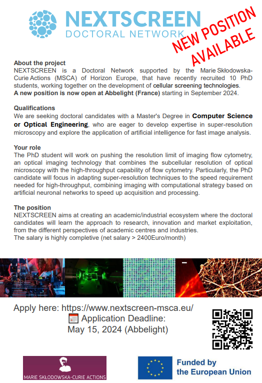 New Marie Skłodowska-Curie #PhD Position! Push the limit of IFC by combining super-resolution and AI! Master's degree in #opticalengineering #computerscience. Apply by 15th May @Abbelight @S_LevequeFort. nextscreen-msca.eu/research-proje…