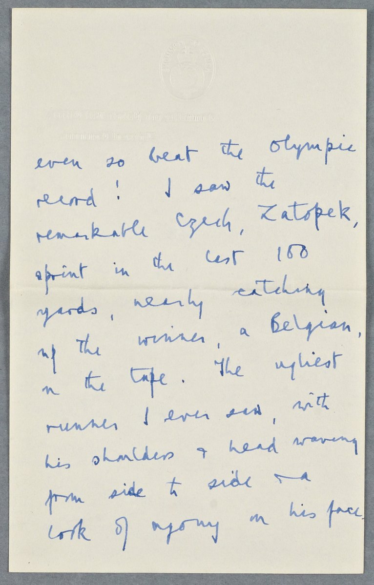 After the recent finale of the Olympic themed Great British Menu we are warming up for the Games in the summer. This letter from our collection discusses the 1948 London Games describing them as 'magnificent' and the 5,000 metre runners having to run through heavy rain. #TowerTV