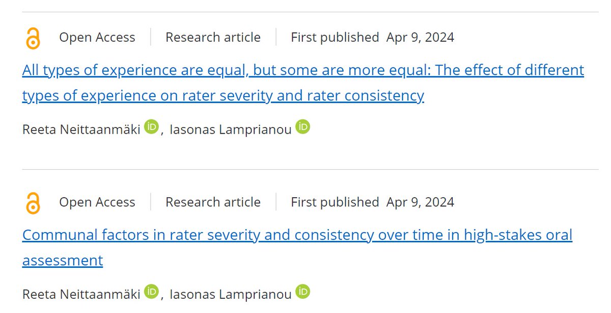 For the 1st time, #LanguageTesting @LangTestJournal has published a set of 2 articles from the same larger project-a practice that coheres w/@COPE guidelines. Both papers by Neittaanmäki & Lamprianou @uniofjyvaskyla online & will be published in same issue journals.sagepub.com/home/ltj