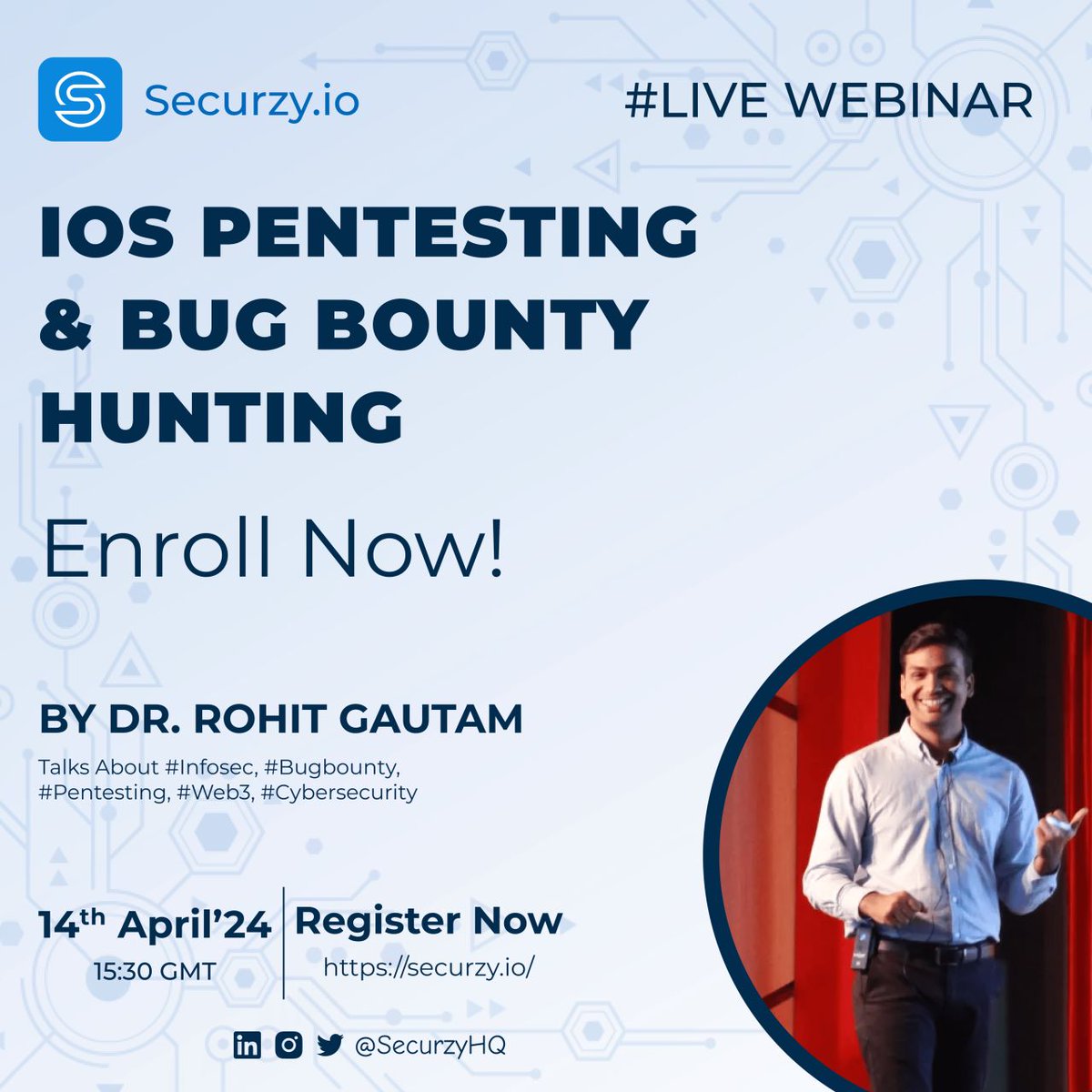 SecurzyHQ's tweet image. Don't miss the upcoming live webinar on April 14th, featuring @hackergautam on iOS Pentesting & Bug Bounty Hunting! Dive deep into the world of iOS security and master bug bounty strategies! #Securzy #iOSPentesting #BugBounty #Live #Pentesting Enroll here t.ly/_5Wl6