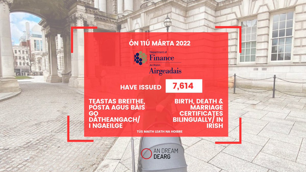 🤔 An raibh a fhios agat ... 👉 You can request new birth, death and marriage certificates as Gaeilge/ go dátheangach? ✨ Ó tháinig ann don tseirbhís in Márta 2022, 7,614 bilingual/Irish certificates have been issued by @dptfinance 👏 Tús maith, leath na hoibre!