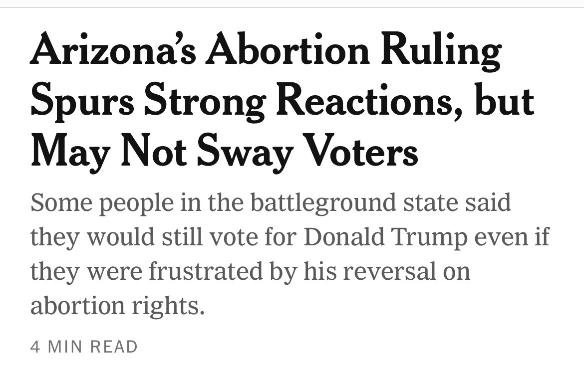 NYT quotes three (3) Arizona Republicans still planning to vote for Trump & makes “may not sway voters” the headline. What about independents, turnout, fundraising, national attention? Nah, make “some people” (three) committed Trump the story. nytimes.com/2024/04/10/us/…