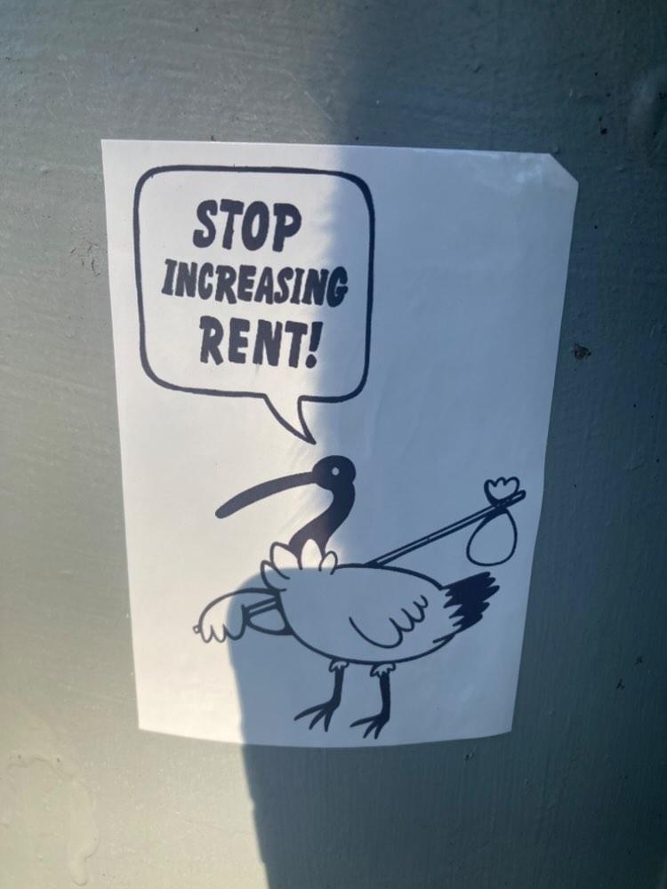 'Stop increasing rent!' Sticker spotted in Taringa, Meanjin/Brisbane