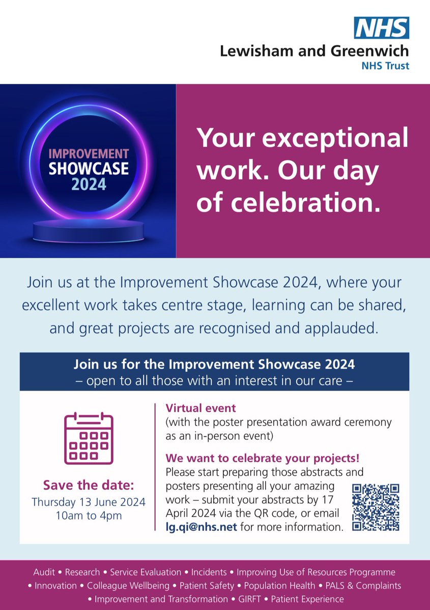 Looking forward to our Annual Improvement Showcase 2024!
Registration information will be available soon. Abstract submissions are for LGT colleagues only! 
#QiTwitter #LGTImprove