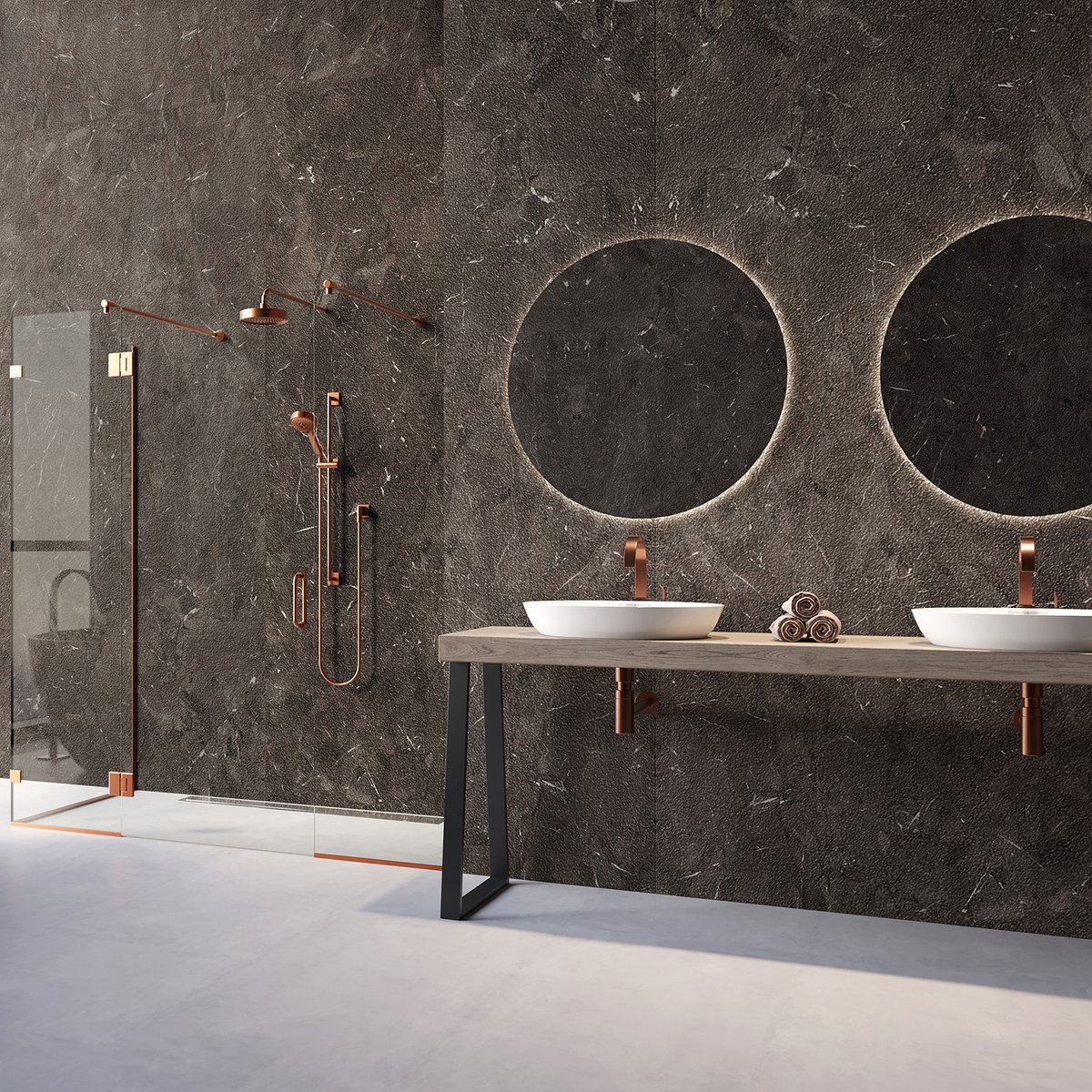 Inalco MDi is a non-porous material that is highly scratch and stain resistant, so it will stay looking its very best with minimal maintenance and after care – an important quality when used over large and visible areas of the bathroom. Pictured: Umbra Marron wall cladding