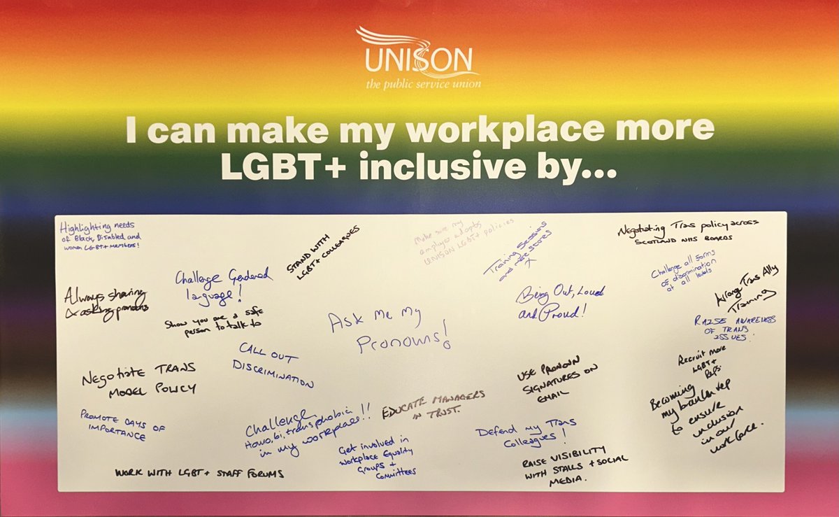 In @unisontheunion's year of LGBT+ workers, we are asking members how they can make their workplace more inclusive. Members @unisonhealth conference had some great ideas! #UHealth24