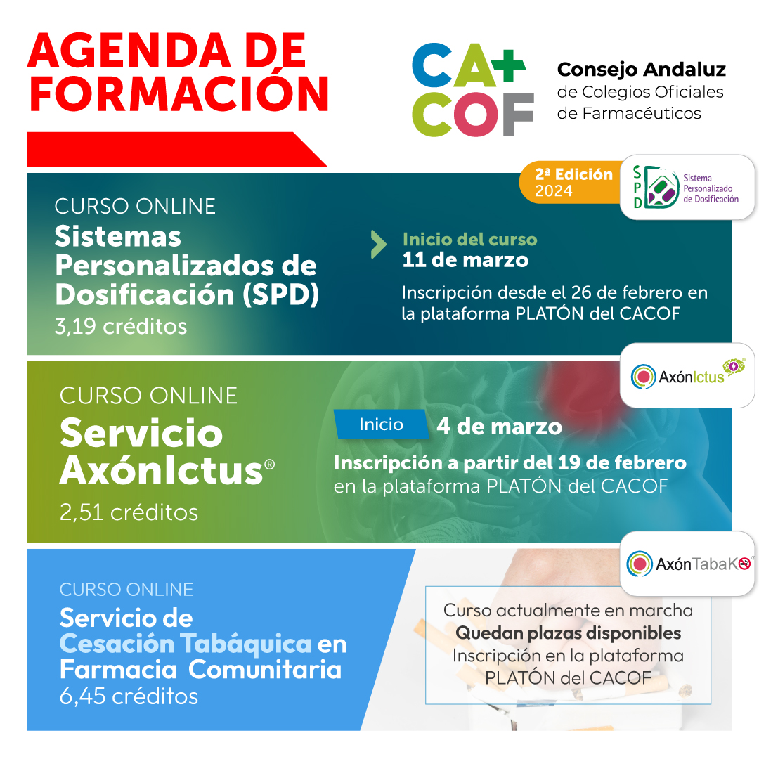 CACOF_'s tweet photo. 📝 ¡RECUERDA! No pierdas la oportunidad ampliar tu #formación en servicios profesionales #farmacéuticos y participa en nuestros cursos de #SPD, #AxónIctus® o Cesación Tabáquica. Aún tenemos PLAZAS DISPONIBLES, pero se están agotando… 

Inscríbete en 👉 https://t.co/hbxiyC5U5e https://t.co/eg8j5hsvvI