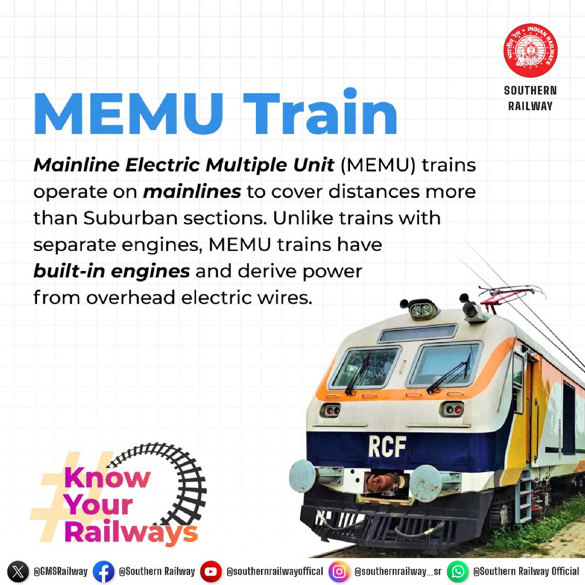 Discover the Power of MEMU Trains! 🚆⚡ 

Covering Longer Distances with Built-in Engines and Overhead Wires. 

#RailwayInnovation #MEMU #EfficientTravel #SouthernRailway #IndianRailways #Train #TrainServices