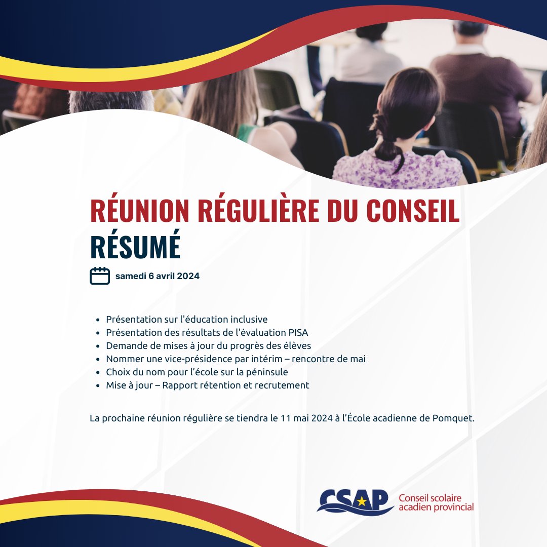 Les membres élus se sont réunis le 6 avril 2024 pour la 305e réunion du Conseil. La prochaine réunion régulière se tiendra le 11 mai 2024 à l’École acadienne de Pomquet.

Résumé : csap.ca/images/Re%CC%8…