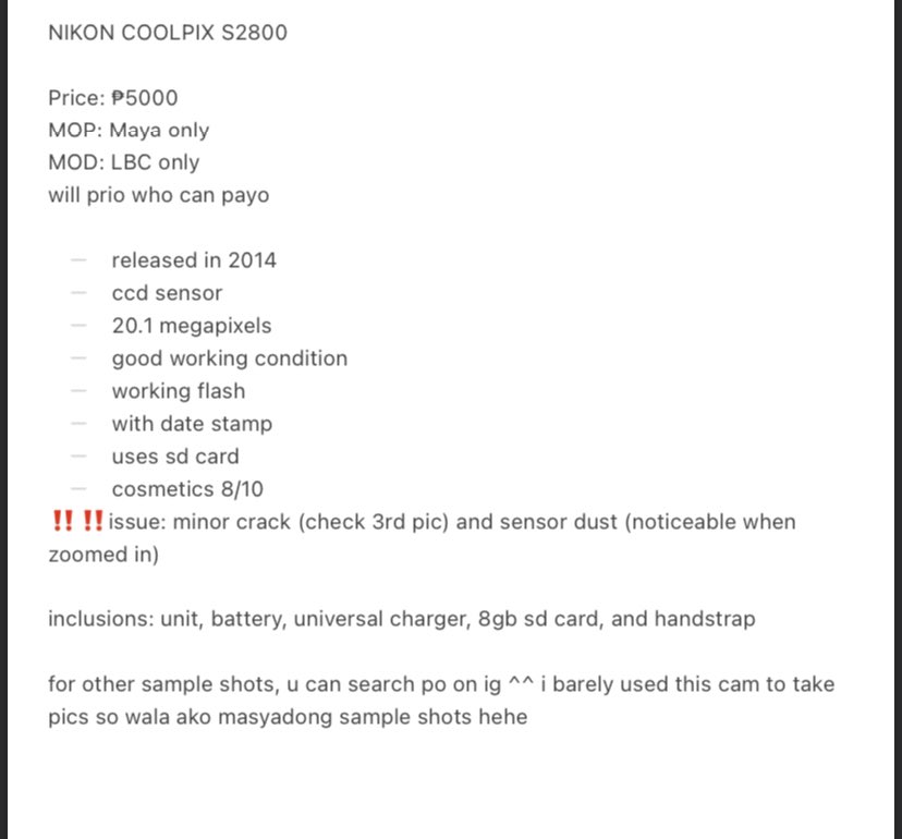 wts ph lfb digicam 

for sale ‼️ nikon coolpix s2800

details on pic, dm me if u have any questions ^^ kindly do ur research first before buyinggg ~