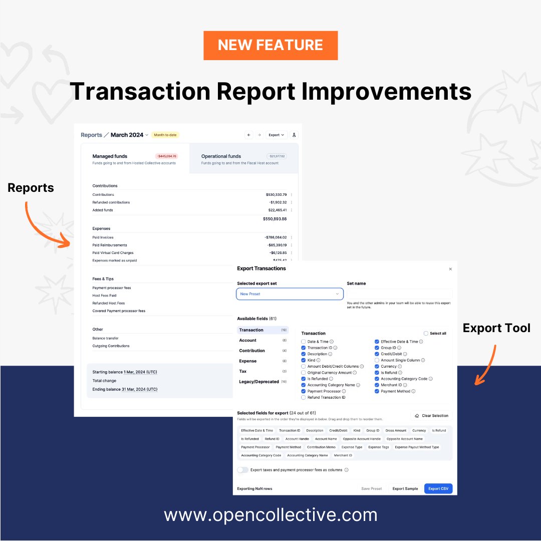 We're thrilled to introduce updates to our Transaction Report and Export Tool, tailored to meet your accounting and legal compliance needs ⚡️ Learn more: opencollective.com/opencollective…