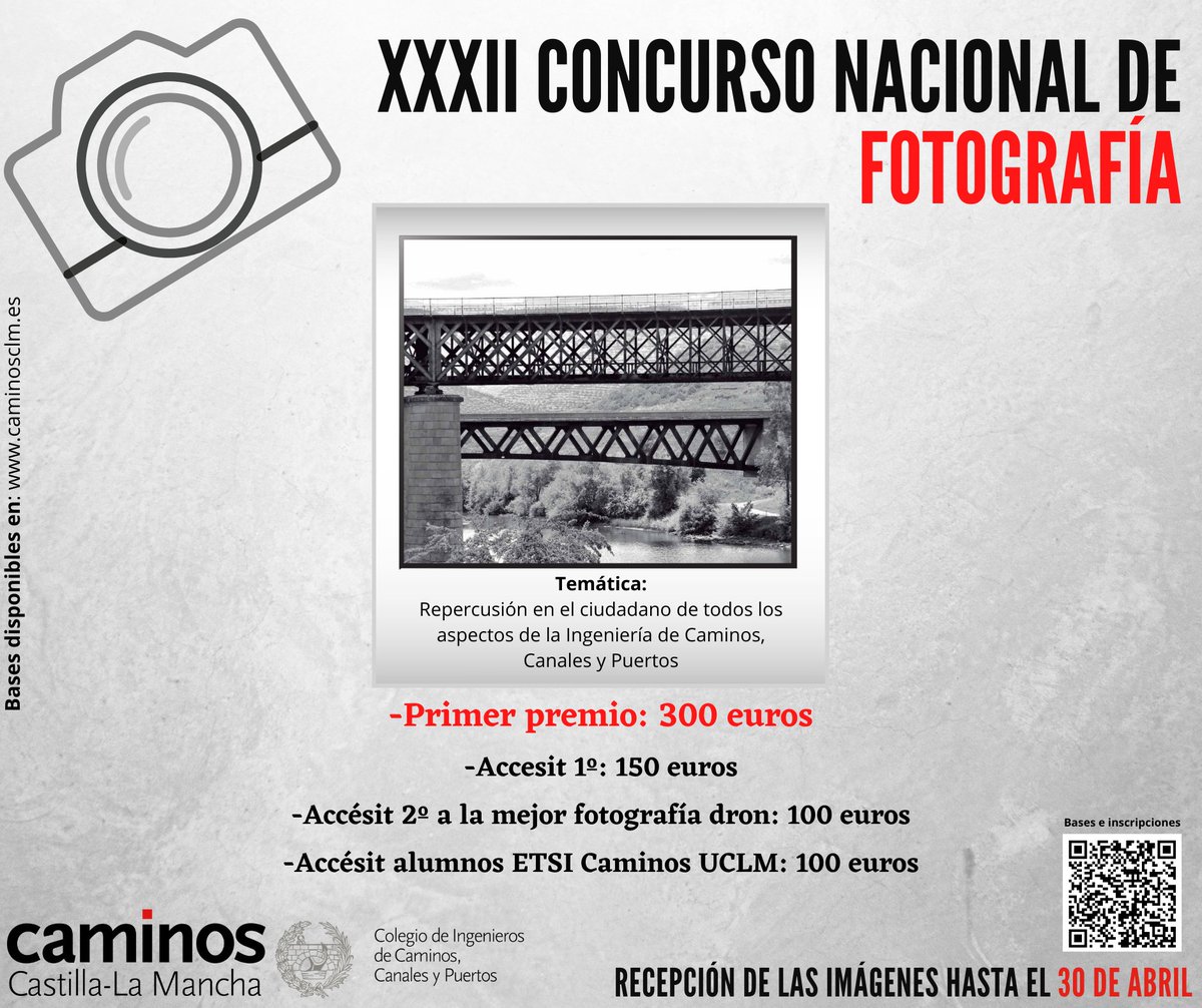 📸 @CaminosCLMancha convoca el XXXII Concurso Nacional de Fotografía sobre la ingeniería civil y el medio ambiente. 🏆 Se repartirán 650€ en premios 📚 Los estudiantes de @CaminosUCLM optan a un premio específico 📲 Consulta las bases en: caminosclm.es/wp-content/upl…