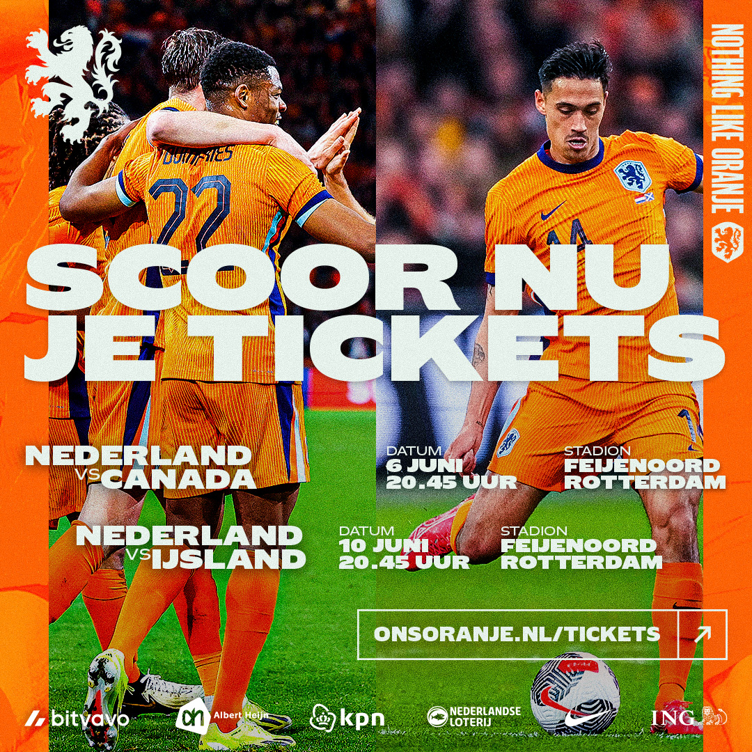 Ben jij erbij tijdens de laatste wedstrijden voorafgaand aan #EURO2024?

NEDERLAND 🆚 CANADA 🇨🇦
NEDERLAND 🆚 IJSLAND 🇮🇸
🎟️ Tickets ➥ ticketing.knvb.nl

#NothingLikeOranje #CreateHistory