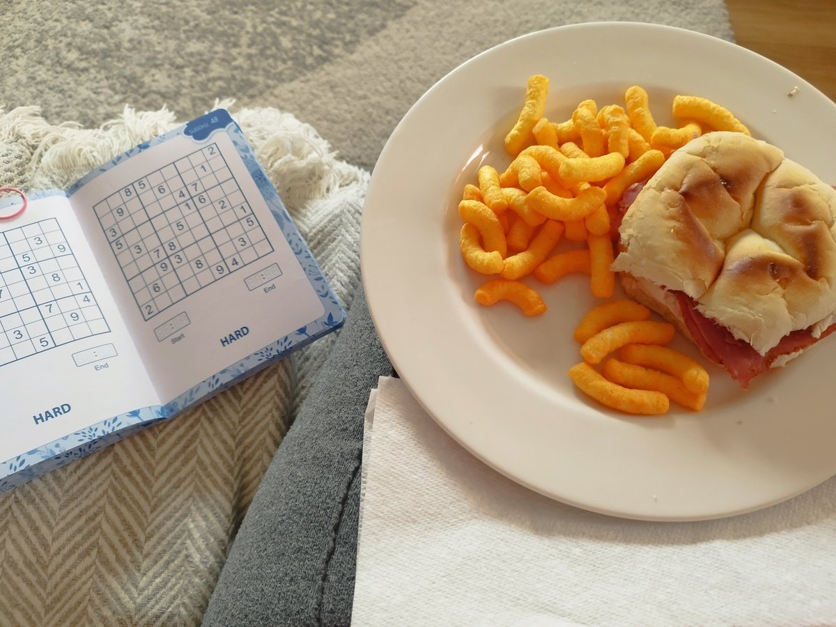 Looking for joy in the little things today, a new page in my sudoku book and lunch! (And yes I have pretty much the same thing for lunch every day - that too is comforting) #neurodivergent