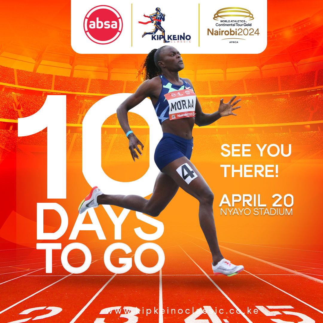 10 days to go #AbsaKipkeinoClassic2024 Time to get down to business and witness as the world's best set the track ablaze. #TwendeNyayoStadium
