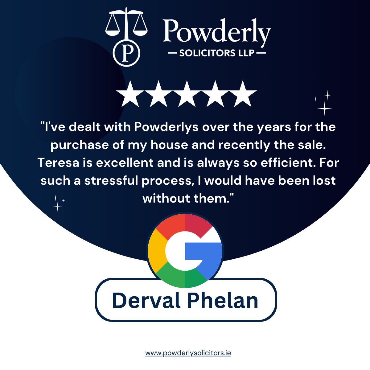 Huge thank you to Derval Phelan for your wonderful 5 Star Review on Google for Powderly Solicitors. Delighted you're happy with our service & proud to share your comments #CustomerExperience #irishlawyer #legalservices #legaladvice See more reviews here: bit.ly/3OV31y5