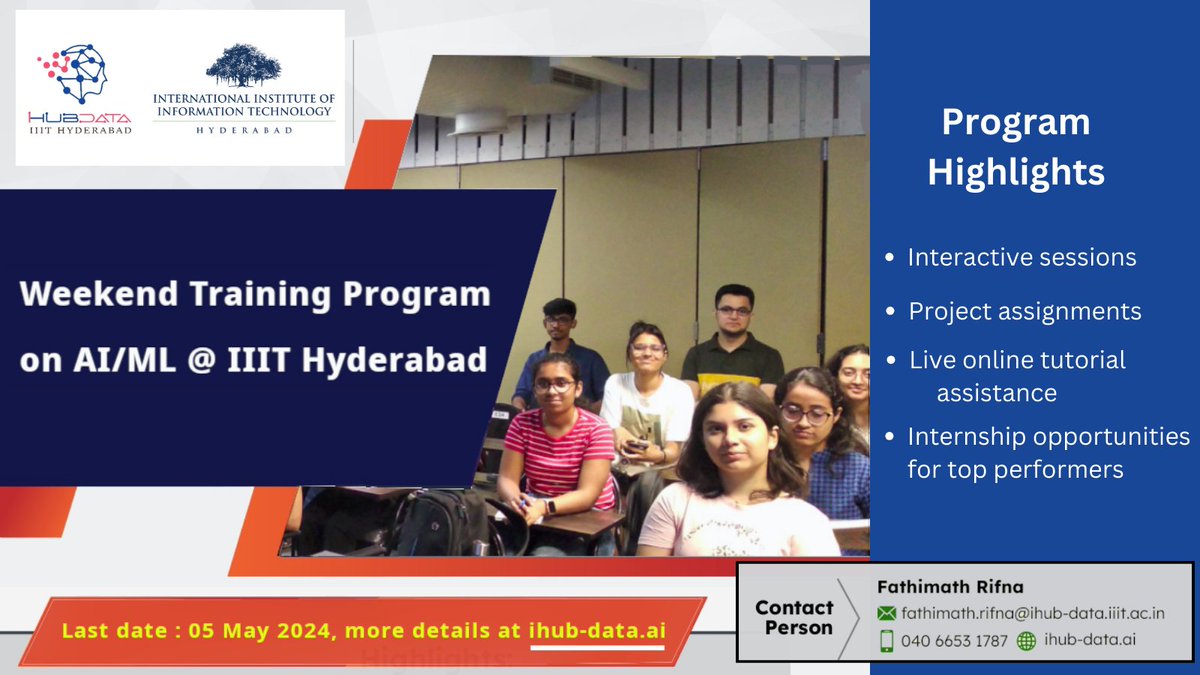 Attention BTech Final and Pre-final year students!!! Our Student Training Program on AI/ML will begin this May. The six month training program would be scheduled on Sundays. Course fee: Rs 11800 only! Last date to apply: May 5, 2024 More details: lnkd.in/gt4Cnuv2