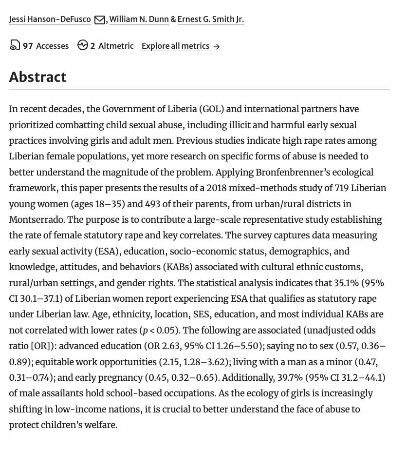 1 in 3 Liberian women has experienced 'early sexual activity that qualifies as statutory rape'. 40% of the male assailants work in schools link.springer.com/article/10.100…