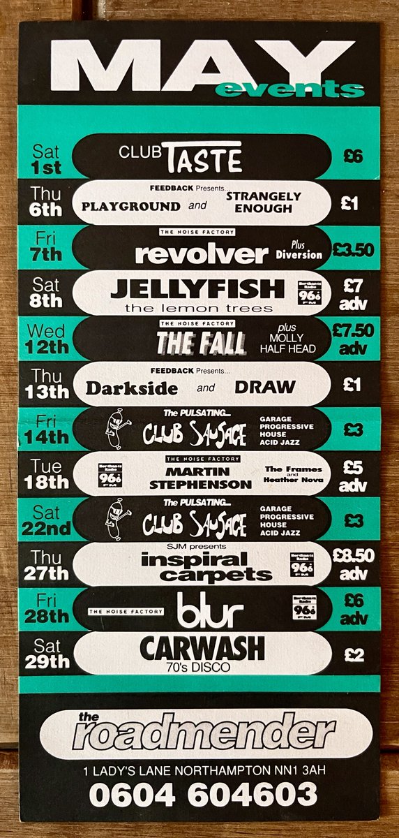 MarkRJones1970's tweet photo. Just dug my #Jellyfish CDs out & had a look at them & inside the 2nd album found a flyer for the #Roadmender in #Northampton from May 1993. I went to 2 of these gigs, Jellyfish on Sat 8 May (obvs) supported by #TheLemonTrees & #Blur on Fri 28 May.
#Bellybutton #SpiltMilk https://t.co/eq0Xe5VW31